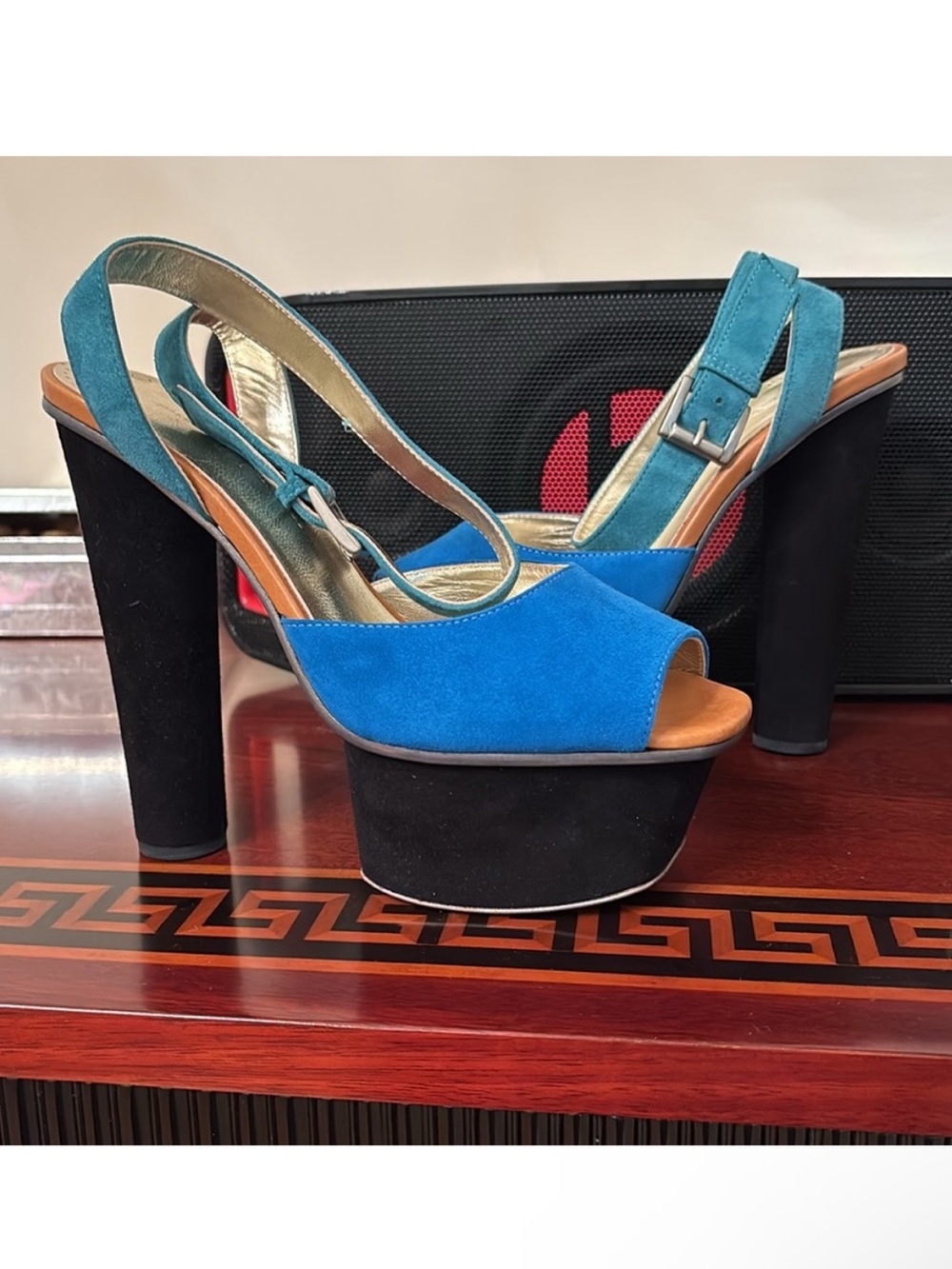 Halston Heritage Pippa Suede leather Black Blue Ankle Strap Platform Sandal sz 7